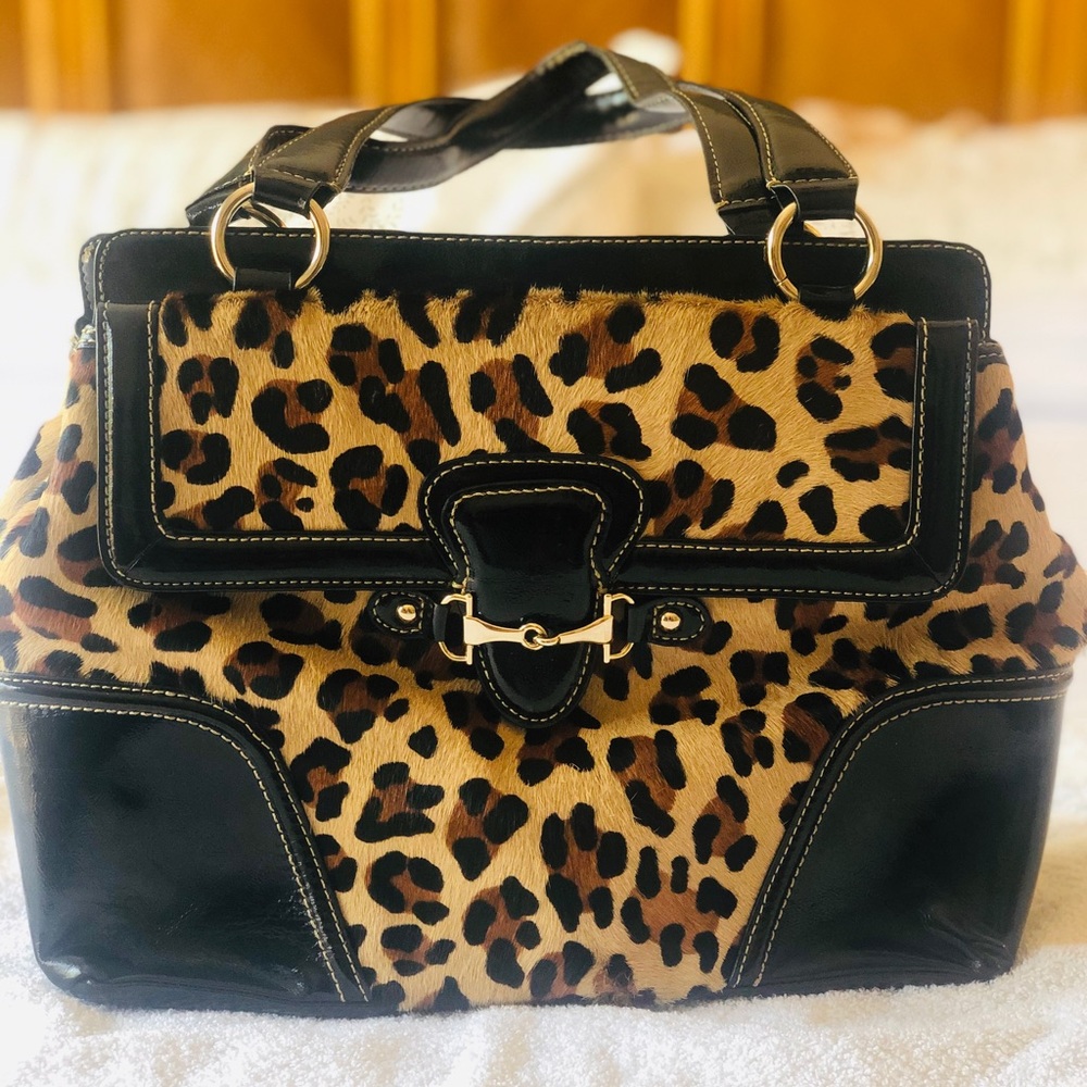 Talbots Leopard Calf Hair & Black Patent Satchel